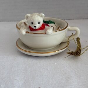 Holiday Bear Teacup Ornament Ceramic‎ Gold Trim Christmas Gift Presents